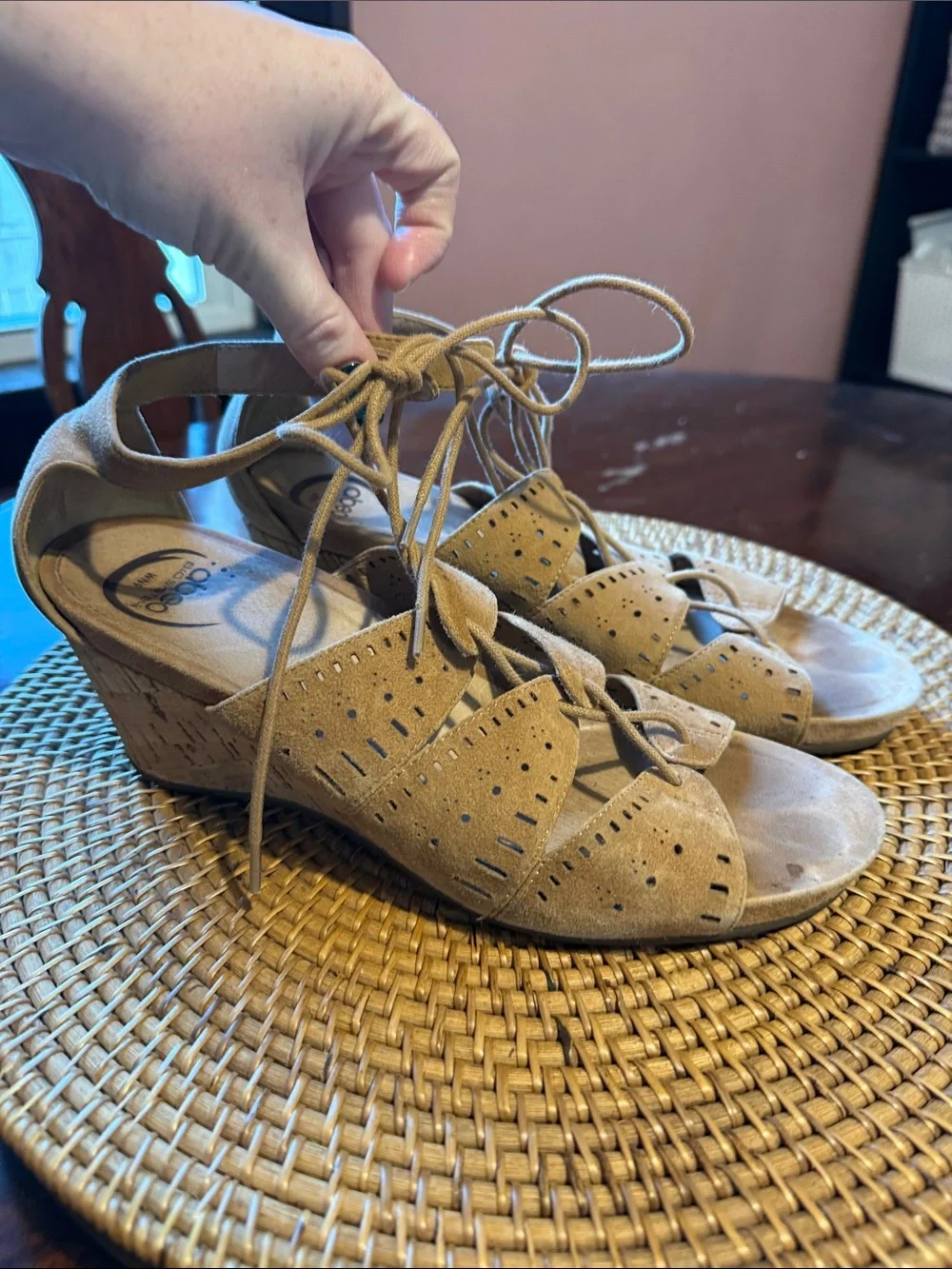 Abeo Tan Suede Lace-Up Cork‎ Wedge Sandals